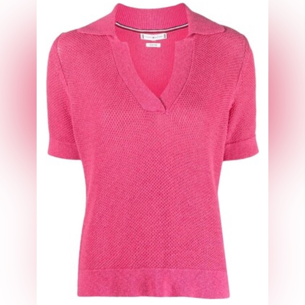 Tommy Hilfiger Linen Knit Polo Sweater M Golf Preppy Barbie Casual Classic